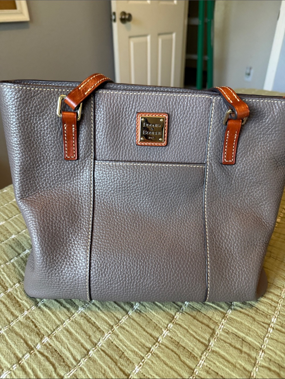 Dooney & Bourke Taupe Leather Tote with Brown Trim